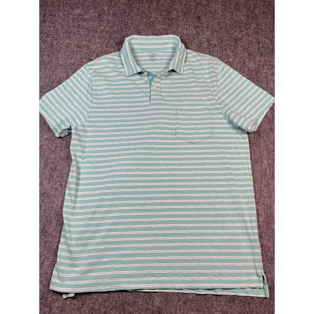 J. Crew Mens Large‎ Polo Shirt Green White Striped Short Sleeve Ring Spun Jersey
